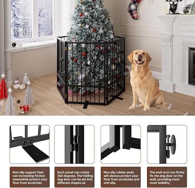 6 Panels Full Metal Freestanding Dog Gates with Door, 120” W x 32” H Folding Pet Gate Fence with Support Feet for Indoor,Stairs, Hallways and Doorways(Black)