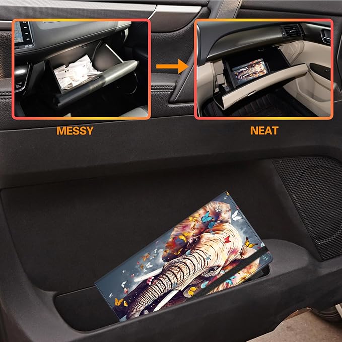 Car Registration and Insurance Holder,Leather Vehicle Glove Box Organizer Wallet for Document,Perfect for any Car,Truck,Motorcycle,Driver License,Trailer or Boat,Men & Women,Butterfly Elephant