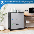 3 Drawer File Cabinet, Lateral Filing Cabinets for Home Office, Office Storage Drawers with Lock, Hanging Files Legal/Letter A4 Size (Assemble Required,Black Grey)