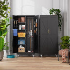Aobabo Broom Closet Storage Cabinet with 4 Shelves, Garage Storage Cabinet with Wheels and Pegboard and Metal Hooks, Hanging Rod for Brooms and Mops,Kitchen Pantry, Black, Assembly Required