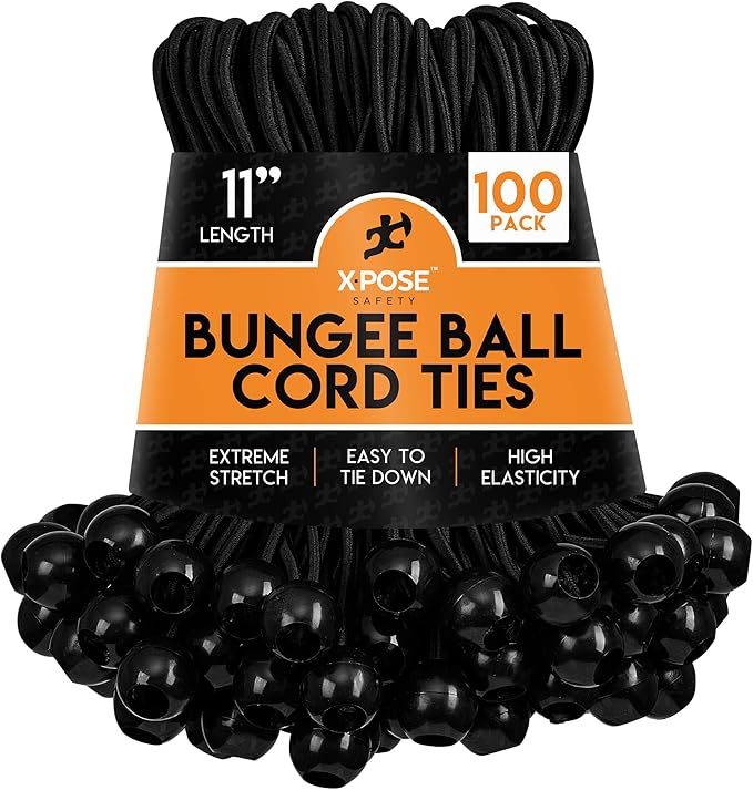 Xpose Safety Bungee Ball Cords 11" 100 Pack Heavy Duty Black Stretch Rope with Ball Ties for Canopies, Tarps, Walls, Cable Organization