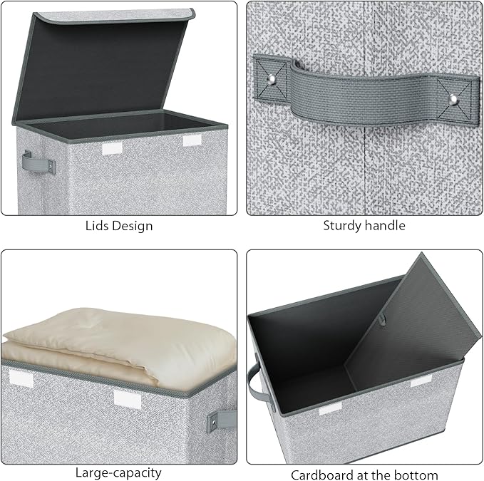 Univivi Storage Bins with Lids [4-Pack] Large Collapsible Stackable Fabric Storage Boxes with Lids, Decorative Closet Organizers and Storage for Clothes, Office, Bedroom (Gray, 17“ x 12” x 12")