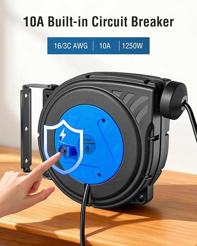 SURAIELEC 30 FT Retractable Extension Cord Reel, 16 Gauge Power Cord with 3 Lighted Outlets, 10A Circuit Breaker, Wall/Ceiling Mount for Garage, Workshop, ETL Listed, Blue