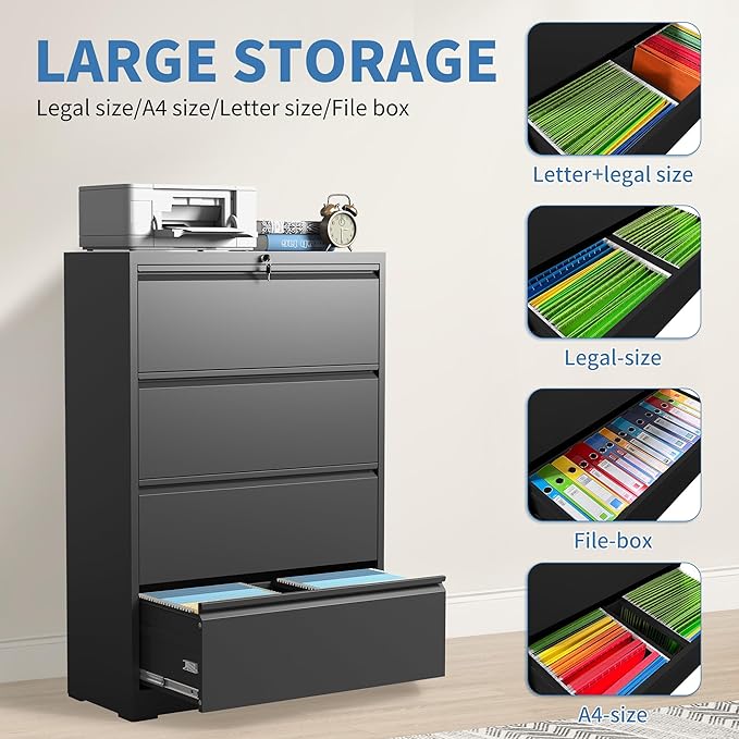 File Cabinets 4 Drawer,Metal Office Storage Filing Cabinet with Lock,Black Lateral Filing Cabinet for Home Office,Horizontal Locking File Cabinet for Legal/Letter/A4 Files,Assembly Required