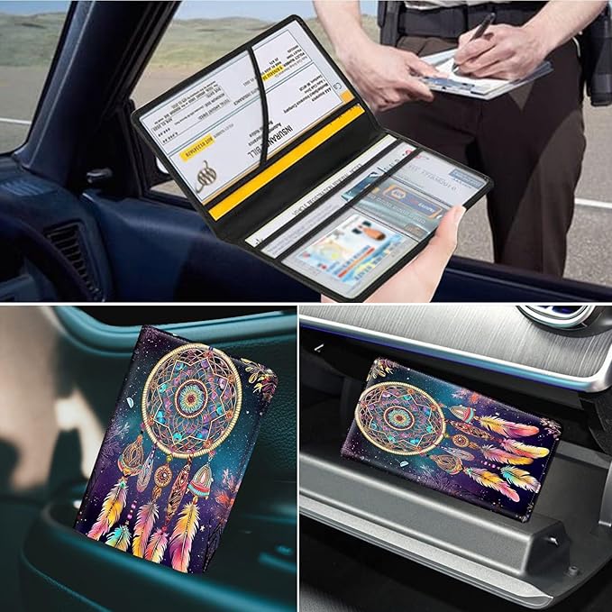 Car Registration and Insurance Holder, Leather Car Glove Box Organizer, Cool Car Accessories for ID, Driver's License Cards & Essential Document,business cards,Men&Women,Dream Catcher