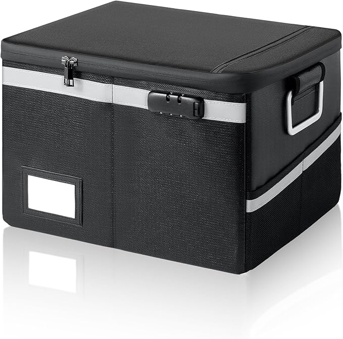 2000°F Fireproof & Waterproof Document Box with Lock, Collapsible Portable Organizer for Office Files, Safe Storage for Hanging Letter/Legal Folders (Black, 14.2x10.6x4.1in)