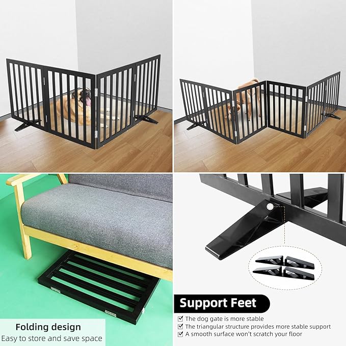 ZJSF Freestanding Indoor Dog Gate for House Foldable Wood Puppy Gate for Doorways Pet Gate for Stairs Extra Wide Pet Fence, Black, 24" Height 4 Panels