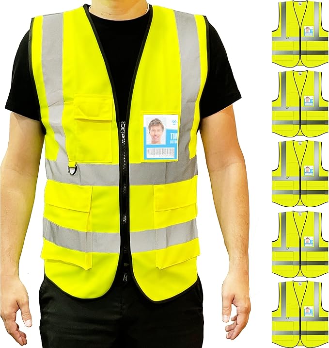 PeerBasics Safety Vest 5 Pack, Yellow, ANSI Class 2, Reflective, For Men Women Unisex, With Pockets Zipper, Breathable Mesh (Medium)