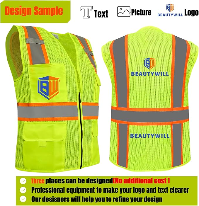 BeautyWill Custom Safety Vest Customized Logo Class 2 High Visibility Reflective Vest with Pockets Construction workwear