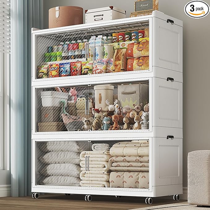 150 Gallon Extra Large Collapsible Storage Bin with Lid, 960QT Stackable Plastic Organizer with 6x Wheels, Foldable Drawer Cabinet for Closet, Living Room Office, Kitchen 3Pack, White