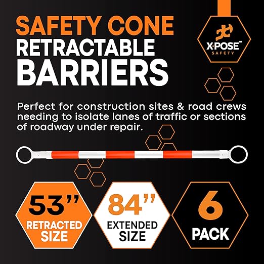 Retractable Barrier for Safety Traffic Cones - 2" OD - Large Yellow and Black Bar Barricade - for Road Construction, Parking, Warning, Temporary Security Divider (6, Orange & White, 53" x 84")