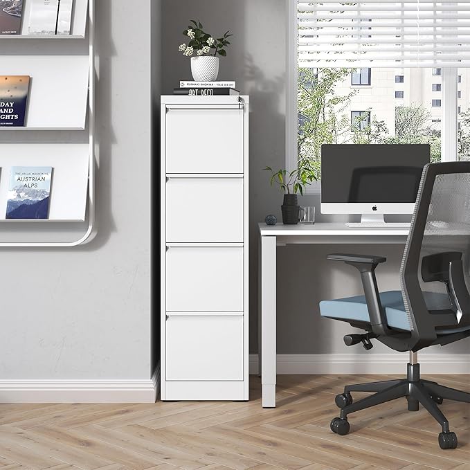 4 Drawer File Cabinet, Metal Vertical Filing Cabinets for Home Office, Steel Storage Cabinet for Hanging Legal/Letter Size Files, Assembly Required (White)