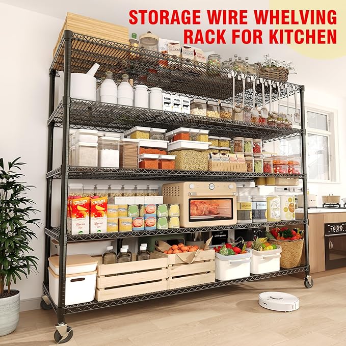 Garvee Heavy Duty 82" H Storage Shelving Unit with Wheels, 3300LBS 5-Tier Metal Shelves w/Feet, Adjustable Wire Shelving Organizer Rack Shelf for Garage, Pantry Rooms &Commercial, 59" W x 23.6" D