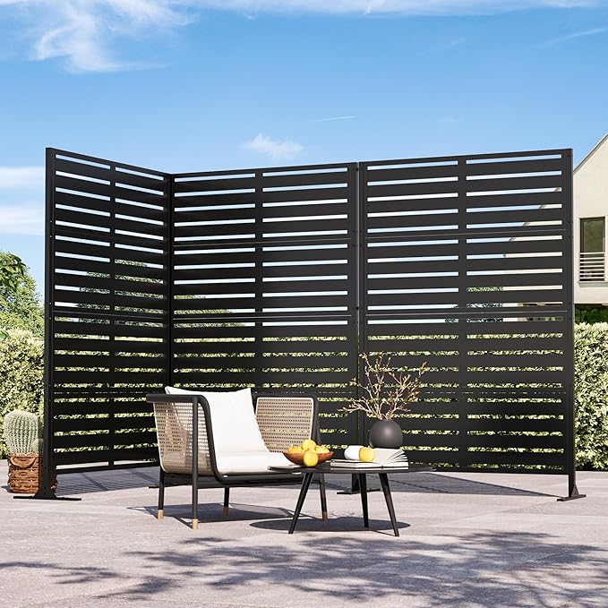 Modern Shade Metal Privacy Screen 72" H x 48" W, Freestanding Decorative Outdoor Privacy Fence Panels for Instant Privacy & Space Division, Patio Screens for Patios Outside Outdoor, Black, 3 Panel