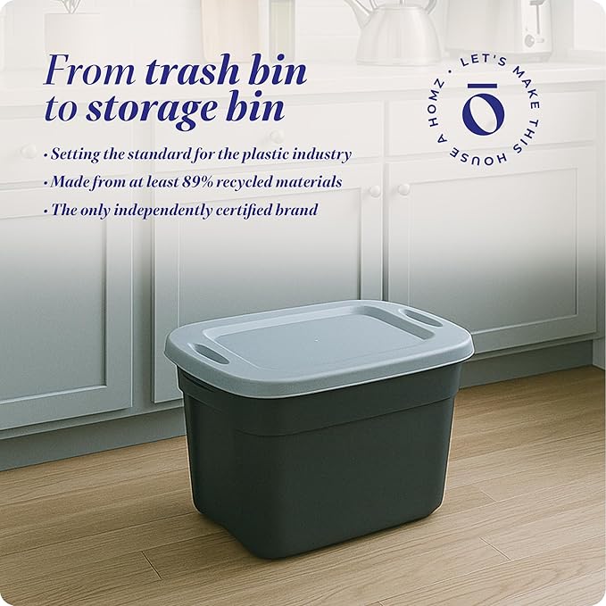 HOMZ Durable Molded Bin, Plastic Storage Container with Lid, 10 Gallon, Black/Silver - Stackable Organizer Totes and Boxes for Bedroom, Kitchen, and Garage Organization