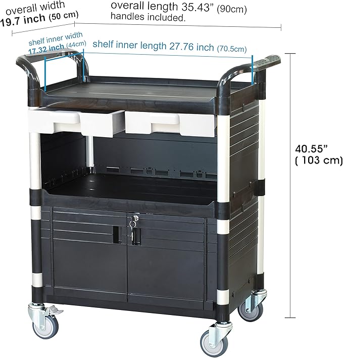 JaboEquip 3 Tier Heavy Duty Utility Cart, Lockable Medical Cart, 606 lbs Load for Lab, Hospital, Office, JB-3KD1, Black