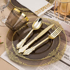 350PCS Clear Black Plastic Plates for 50 Guests, Disposable Plates with Gold Trim include 50 Dinner and Dessert Plates, 150 Gold Silverware, 50 Cups, 50 Napkins for Party & Graduation