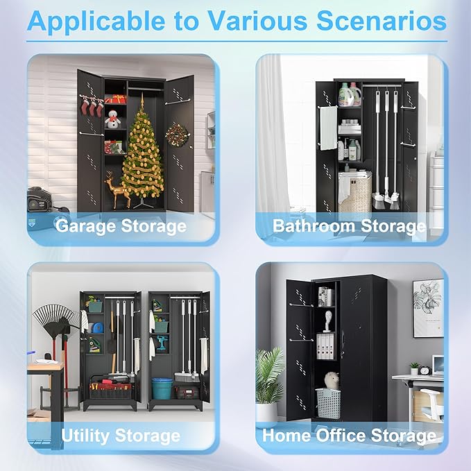 Metal Storage Cabinet with Locking Doors, 75" Tall Garage Cabinet with Hanging Rod, Broom Closet/Freestanding Bathroom Storage Cabinet, Cleaning Tool Storage