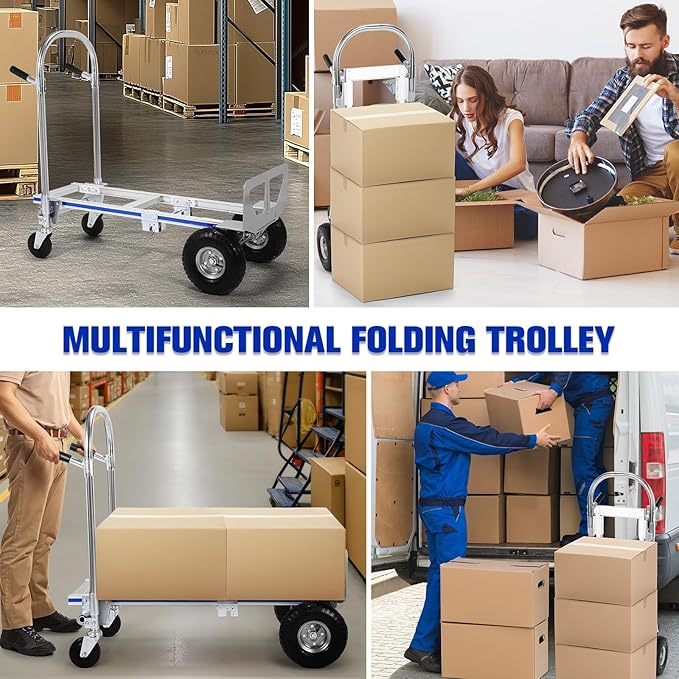 2 in 1 Aluminum 800LBS Capacity Folding Hand Truck Dolly Cart W/Wheel Heavy Duty Industrial Collapsible Cart ForConstruction Warehouse Factories Indoor Outdoor