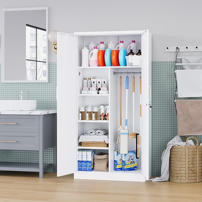 Broom Closet with Lock, Metal Storage Cabinet 36" Wide, 5-Tier Steel Utility Cabinet with Hanging Rod & Doors for Garage, Laundry Room, Warehouse Storage