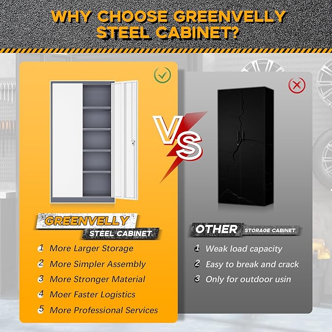 Greenvelly Metal Storage Cabinet with 2 Doors and 4 Adjustable Shelves, 72”H Metal Cabinet Lockable Storage Cabinet,Tall Locking File Cabinet for Office,Home, Garage, Gym, School