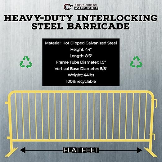 Angry Bull Barricades Metal Interlocking Steel Barricade (8.5 Ft. Heavy Duty, Flat Feet, Yellow Powder Coated, Set of 20)