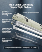 Sunco LED Ready Fixture for Garage Ceiling, 4ft Shop Lights Holds 2 LED Tube Lights, Non-Dimmable, Surface Mount, Works with Type B and Hybrid Tubes, 120-277V, Wet Rated ETL 12 Pack