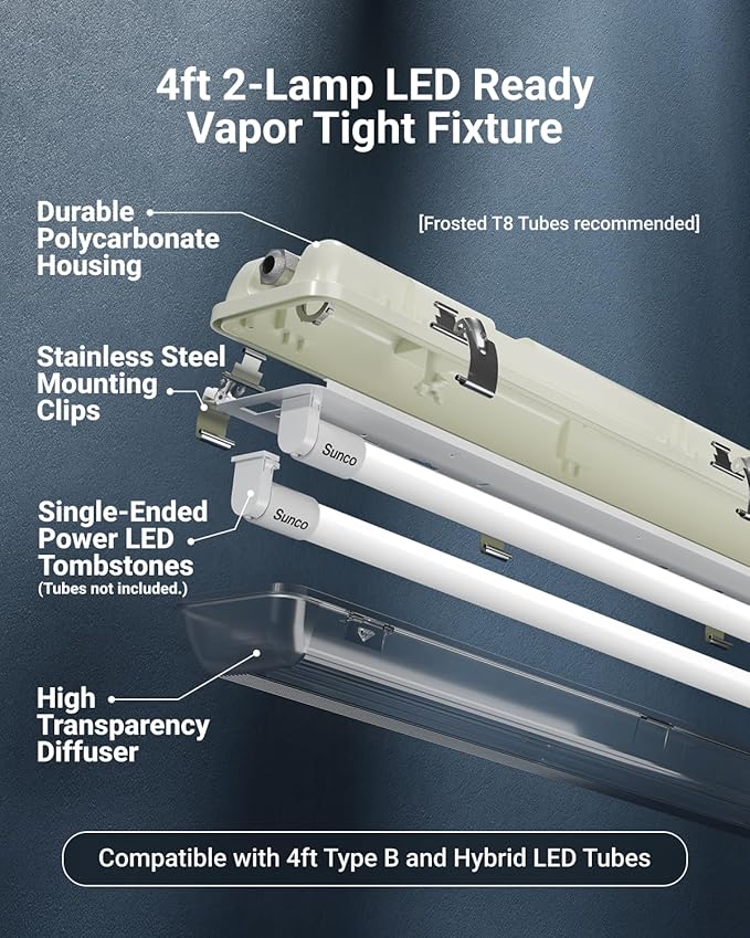 Sunco LED Ready Fixture for Garage Ceiling, 4ft Shop Lights Holds 2 LED Tube Lights, Non-Dimmable, Surface Mount, Works with Type B and Hybrid Tubes, 120-277V, Wet Rated ETL 24 Pack