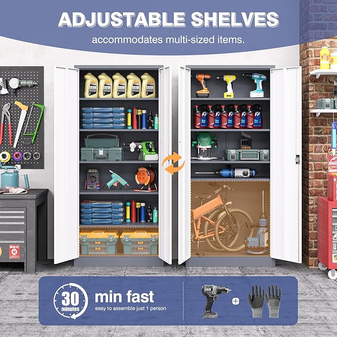 Metal Cabinet,Locking Storage Cabinet with 2 Doors and 5 Adjustbale Shelves,72" Tall Tool Steel Cabinets for Garage,Home Office,School,Gym(Grey & White)