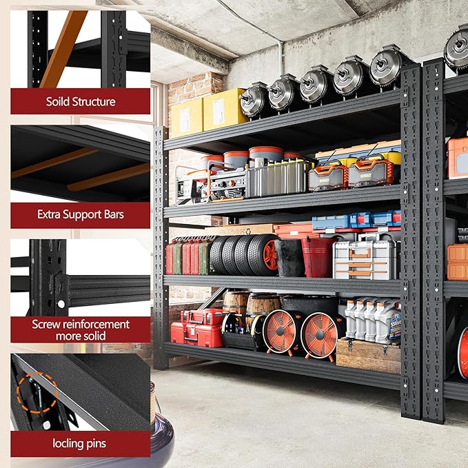5000LBS Storage Shelves,60" W Garage Shelving Heavy Duty Metal Adjustable Garage Shelves, Shelving Units Industrial Shelving for Warehouse,60" W x 24" D x 70" H,Black