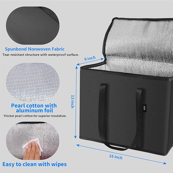 2-Pack Cold Storage Food Bag, Insulated Grocery Bags for Delivery, Heavy Duty Reusable Bags with Zippered Top, Foldable and Durable for Frozen Foods and Shopping Black