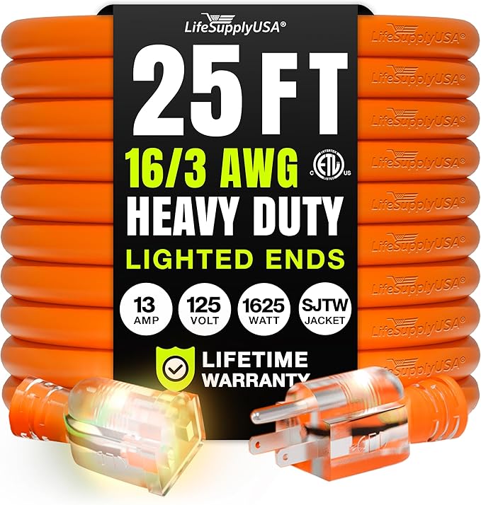 25ft Outdoor/Indoor Extension Cord 16/3 Gauge Heavy Duty 3 Prong SJTW, Waterproof, ETL Listed, Flexible Cold-Resistant Long Power Cord,13A 125V 1625W, Orange by LifeSupplyUSA