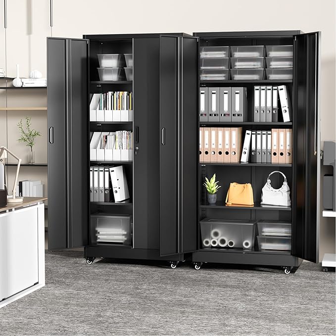 Greenvelly 74" Metal Storage Cabinet with Wheels, Lockable Rolling Metal Garage Cabinets with 2 Doors and 4 Adjustable Shelves, Rolling Tool Cabinet for Garage, Home Office, School