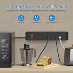 JUNNUJ Heavy Duty 20 Amp Power Strip 4800J, 16 Outlets 12 Gauge Garage Industrial Surge Protector, High Amp 5-15P Adapter Shop 6-20R T-Slot Metal Outlet, 10 FT Extension Cord Commercial for Appliance