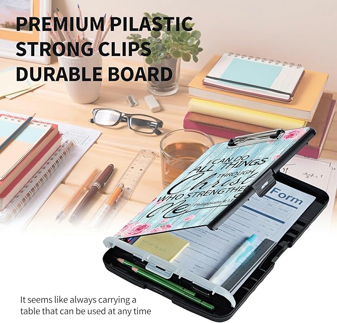 Clipboard with Storage High Capacity Plastic Nursing Clipboards with Pen Holder File Folder Storage Box Clipboard with Heavy Duty Clips for Teacher,Doctor,Offices-Bible Verses Philippians 4-13