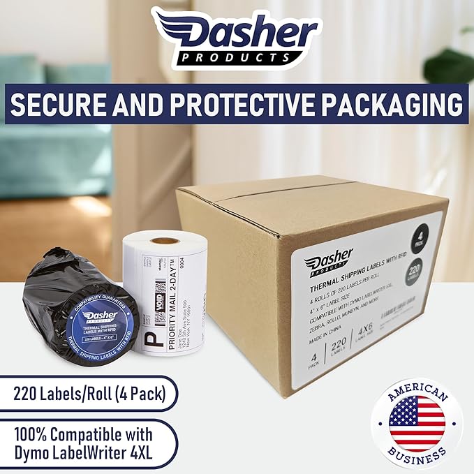 Dasher Products Thermal Shipping Labels Compatible with Dymo LabelWriter 4XL 1744907 4x6 Internet Postage Labels, Water Resistant, Strong Adhesive, Perforated, 220 per Roll (4 Pack)