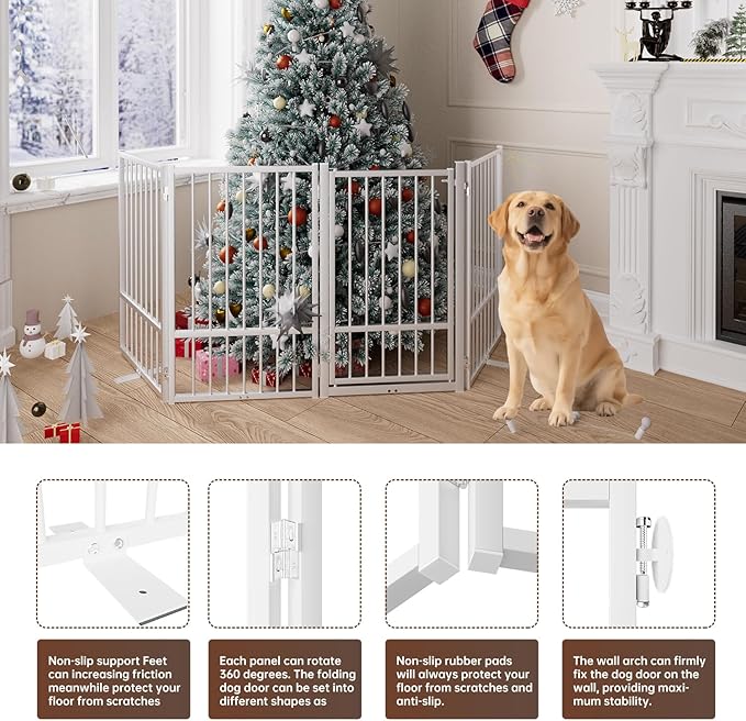 4 Panels Full Metal Freestanding Dog Gates with Door, 80” W x 32” H Folding Pet Gate Fence with Support Feet for Indoor,Stairs, Hallways and Doorways(White)