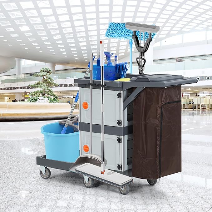 Heavy-Duty Commercial Janitorial Cleaning Cart with Dual Cabinets, 3 Storage Shelves, Vinyl Trash Bag & Smooth-Rolling Wheels – Professional Housekeeping Trolley for Hotels, Schools & Apartments