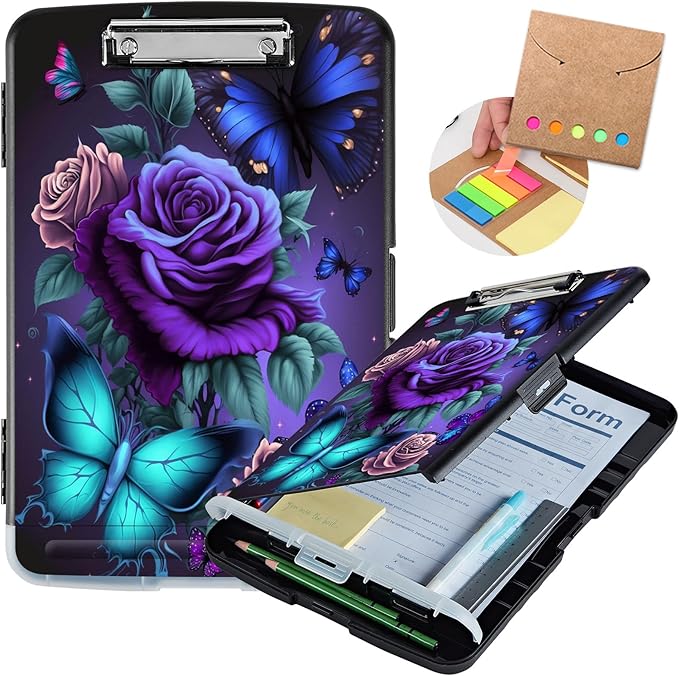 Clipboard with Storage,Heavy Duty Plastic Storage Clipboard with Low Profile Clip,Teacher Must Haves,Office Supplies,Blue Pink Roses Butterfly