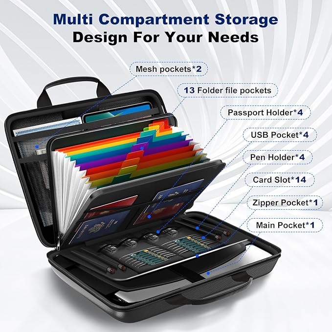 Fireproof Document Box, Hard Case Fireproof File Organizer with Lock and 13 Pocket Accordion File Folder, Portable Safe Box for Home Office Travel to Storage Important Documents Laptop Black