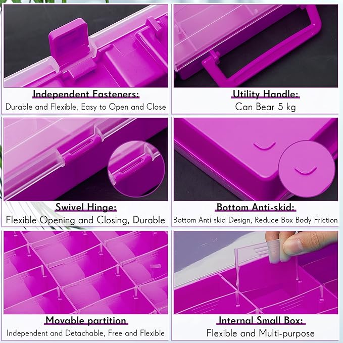 Juexica 2 Pcs Large 48 Grids Plastic Storage Bead Organizer Box, Tackle Box, Compartment Organizer Container with Adjustable Dividers for Jewelry Art Crafts Toys Screw Small Parts(Purple)