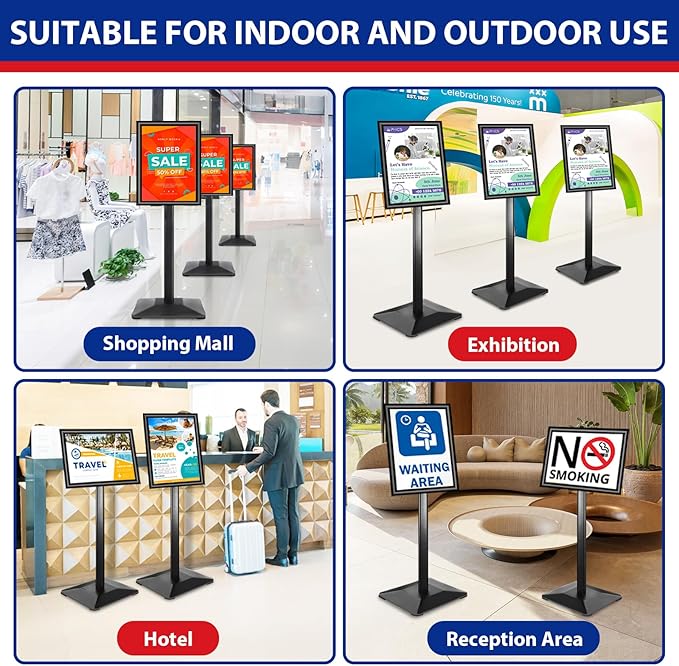 Pedestal Sign holder Stand 11x17inch Adjustable Standing Floor Sign Stand with Heavy Base & Snap Frame Display Stand for Indoor Outdoor Business Store Sign Holder Poster Stand (Black)
