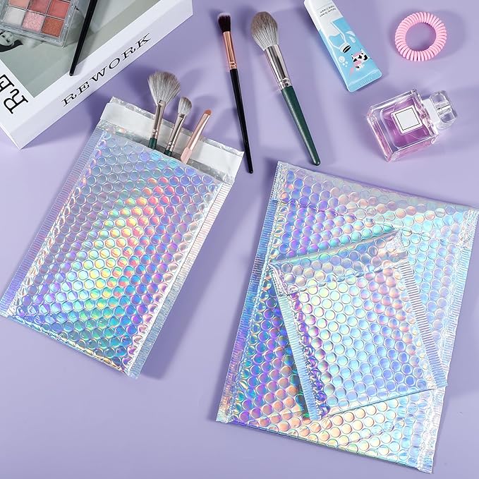50 Pcs Metallic Bubble Mailers, 3 Sizes Holographic Bubble Mailers, Poly Padded Envelopes, Waterproof Self Seal Adhesive Shipping Bags, Cushion Envelopes for Packing, Mailing, Small Business