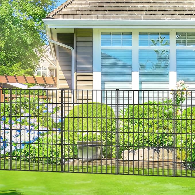 Metal Garden Fence 40in (H) x 23.3ft (L), 10 Panels + 11 Stakes Dog Fences Border Fence Animal Barrier, No Dig Garden Fencing for Yard Flower Bed Lawn Patio Outdoor, PIN402810 Black