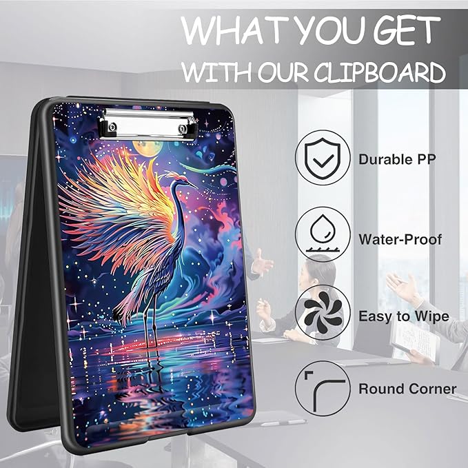 Clipboard with Storage, High Capacity Plastic Storage Clipboard with Pen Holder for for Women Teachers Work, School & Office Supplies, Cute Pattern Decorative Clipboards, Colorful Crane