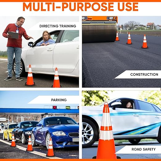 Pyle Traffic Cones, 12-Pack PVC with Heavy-Duty Base, 28" High-Visibility Safety Cones with Stackable Design for Parking, Roadwork, Construction Zones, Sports Training & Outdoor Weather-Resistant Use