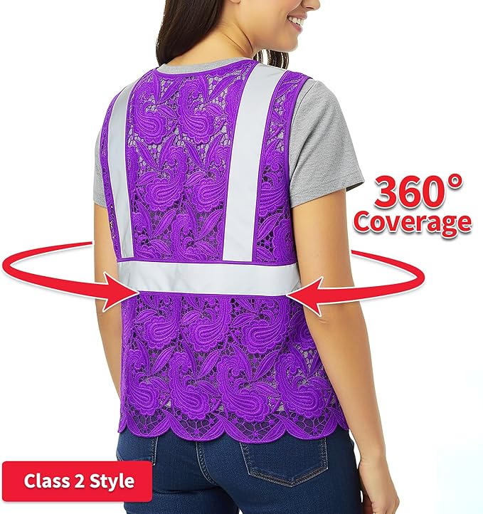 Lace-Mesh Safety Vest for Women & Men - Breathable, High Visibility Vest with Zipper & ANSI Class 2 Reflective Strips