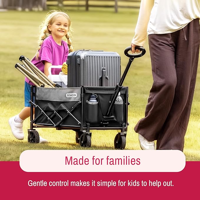 SYNCFUN Collapsible Wagon Cart with Wheels 300lbs Black, Portable Sports Utility Rolling Wagon for Beach, Garden, Camping & Grocery, Fishing
