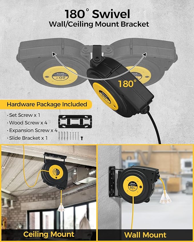 Retractable Extension Cord Reel, 50 FT Heavy Duty Power Cord, 14AWG/3C SJTOW, 3 Grounded Outlets Lighted Triple Tap, 13 Amp Circuit Breaker, UL Listed, Yellow Y50CR06