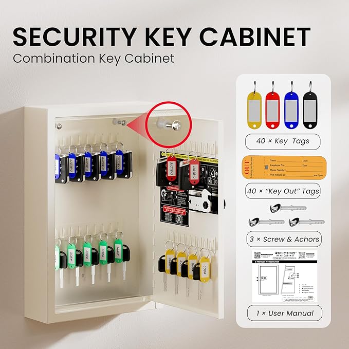 Grimtron 40 Keys Combination Key Lock Box with Code, Key Box Wall Mount for Home Office Key Storage, Resttable Code